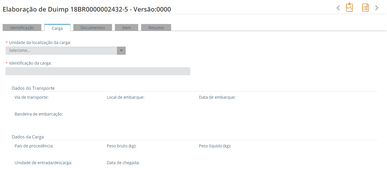Elaboração da DUIMP - Tela da Aba "Carga"