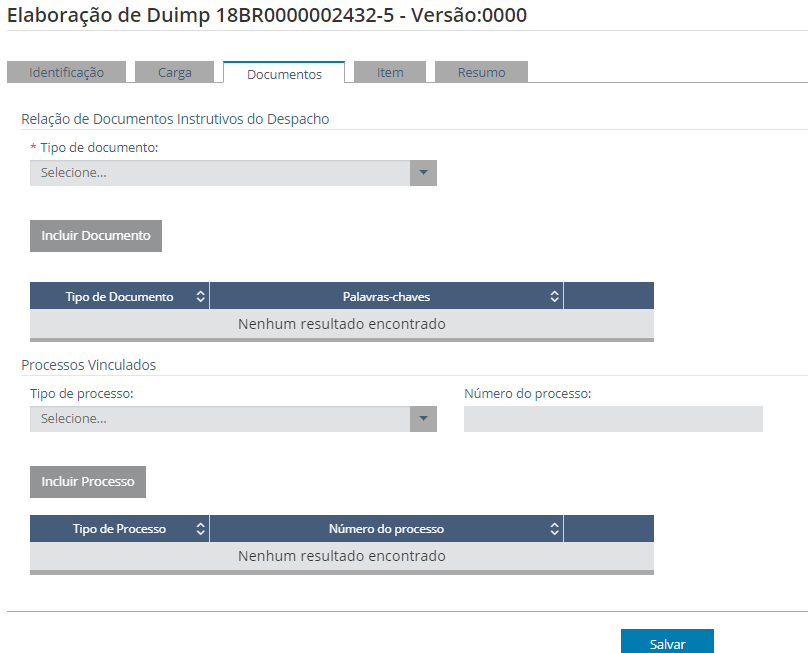 Elaboração da DUIMP - Tela da Aba "Documentos"