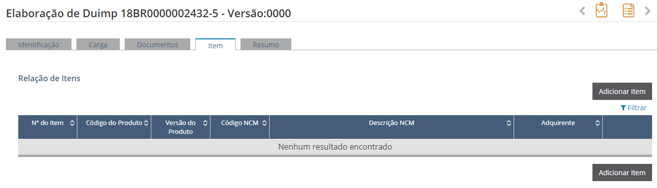 Elaboração da DUIMP - Tela da Aba "Itens"